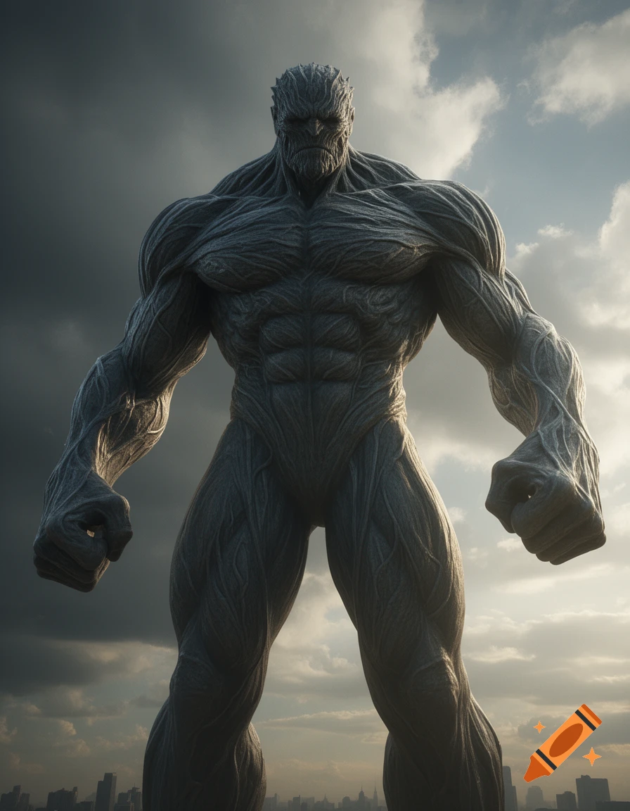 A colossal grey, muscular, humanoid creature with textured, bark-like skin stands over a city skyline against a dramatic cloudy sky.