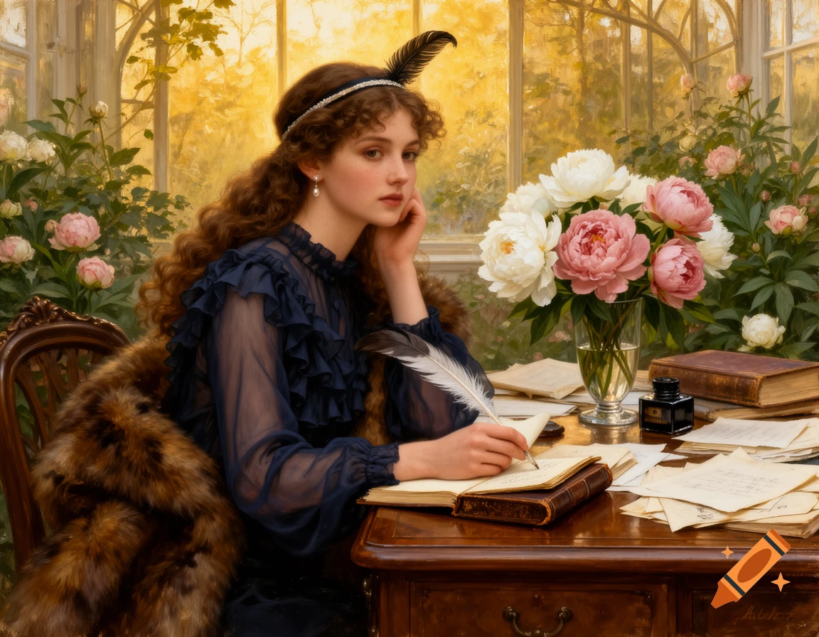 A serene young woman writes with a quill pen at a vintage desk with peonies in a sunlit conservatory, in oil painting style.