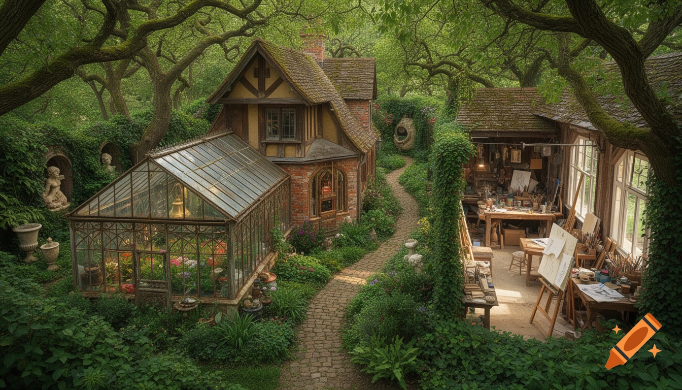 An idyllic, overgrown cottage with a glass greenhouse and a cozy art workshop, set in a lush, magical forest with winding paths.