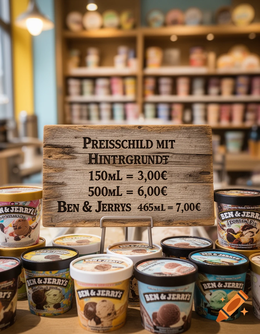 A wooden price sign lists ice cream sizes and prices, surrounded by multiple Ben & Jerry's tubs in a store setting.