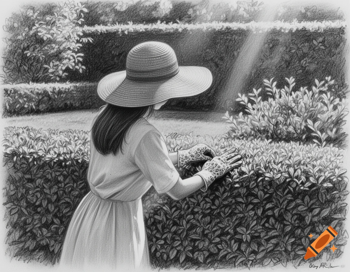 Black and white charcoal drawing of a woman in a wide-brimmed hat and gloves, trimming a hedge in a garden.