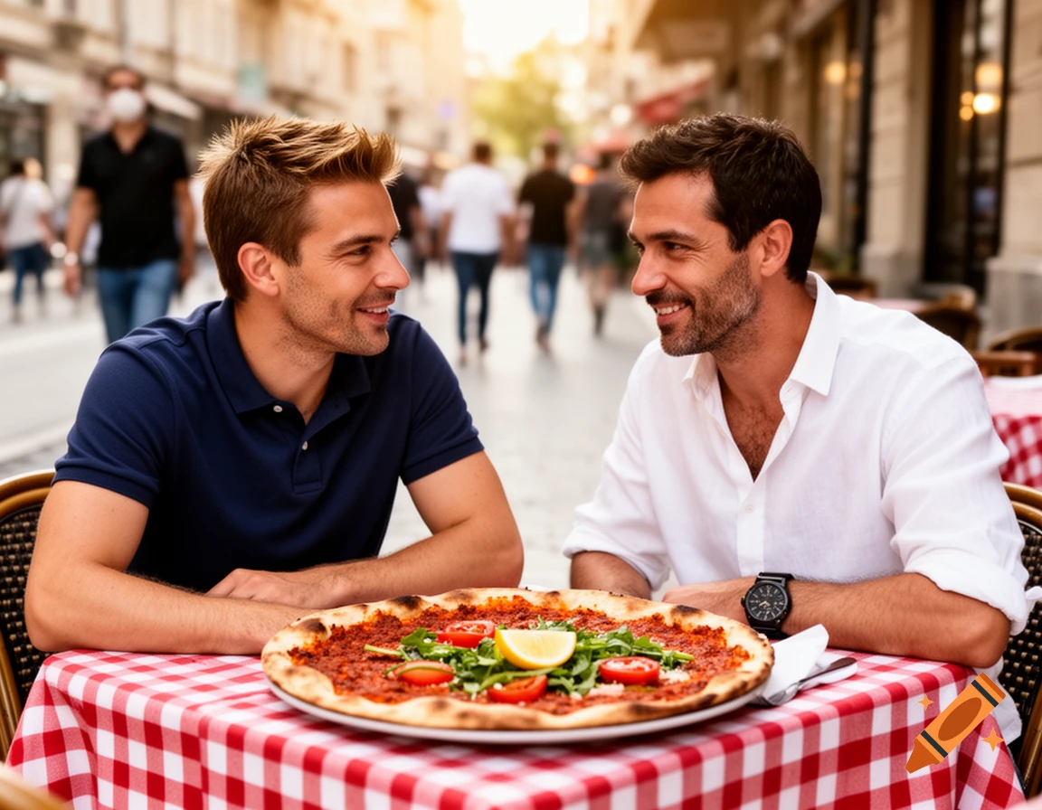 Two smiling men share a pizza on a red and white checkered tablecloth at an outdoor cafe.