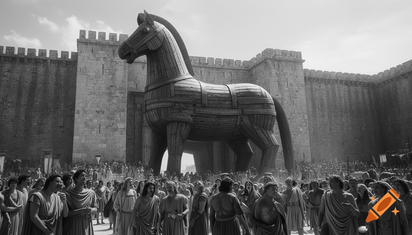 A large wooden Trojan horse stands before the massive walls of an ancient city, surrounded by a crowd of people, in a black and white, realistic style.