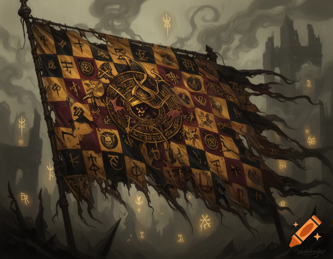 A tattered, checkered fantasy banner with gold and red, adorned with intricate, glowing runes and symbols, set against a dark, stormy sky with a distant castle. Styled like John Blanche.