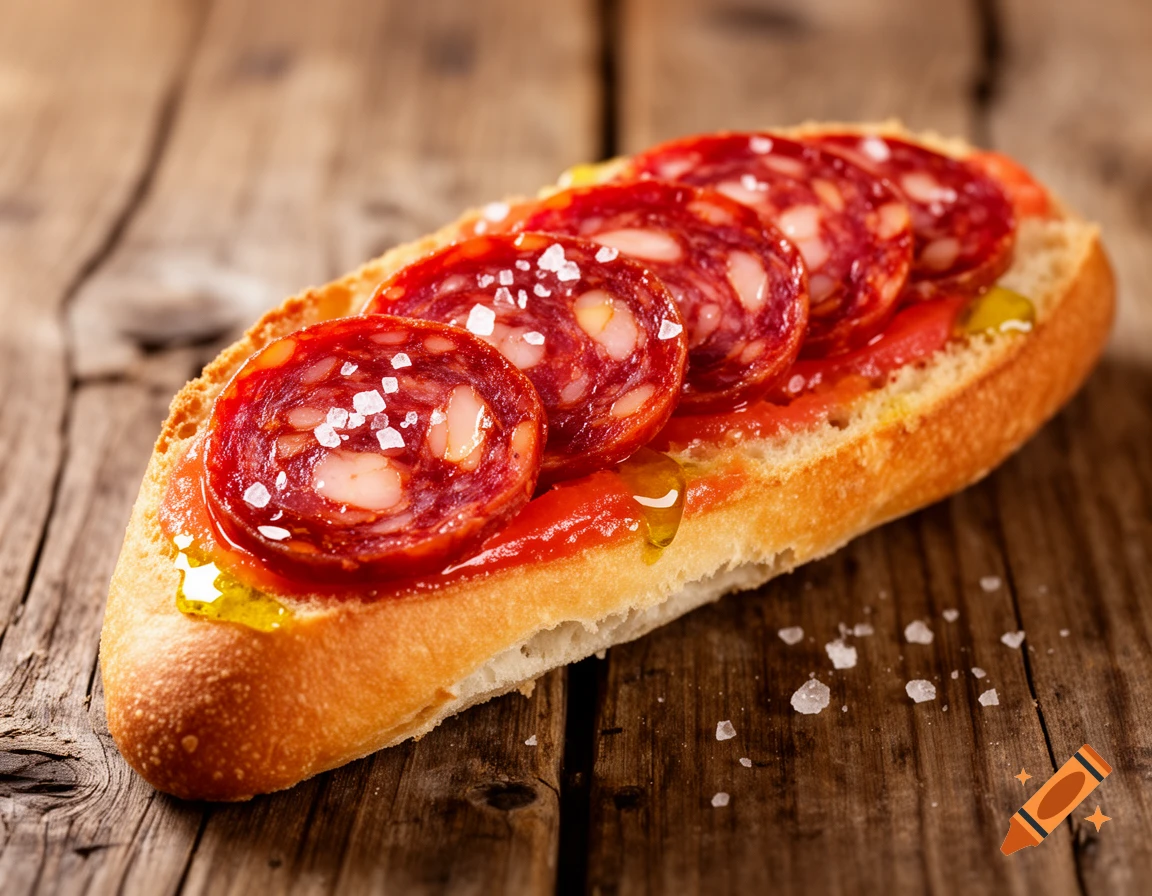 Photorealistic chorizo sandwich with tomato, olive oil, and sea salt on a rustic wooden table.