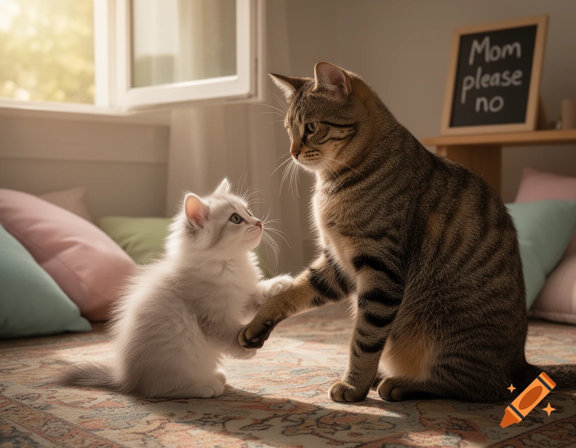 Photorealistic image of a tabby cat and a fluffy white kitten on a rug, with a 'Mom please no' sign in the background.