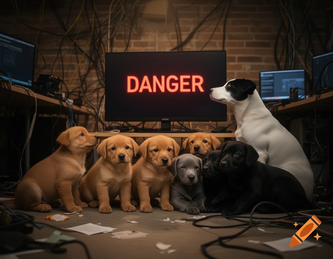 A group of puppies and an adult dog sit on a messy floor in a computer room, looking at a monitor displaying 'DANGER' in red text.