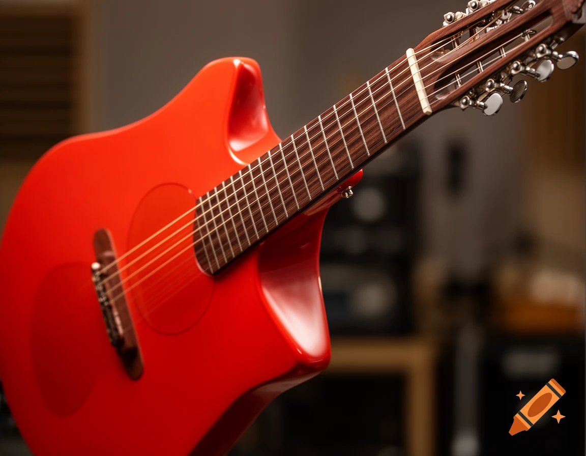 Close-up, angled shot of a bright red, modern-looking acoustic-electric guitar with a dark fretboard and headstock.
