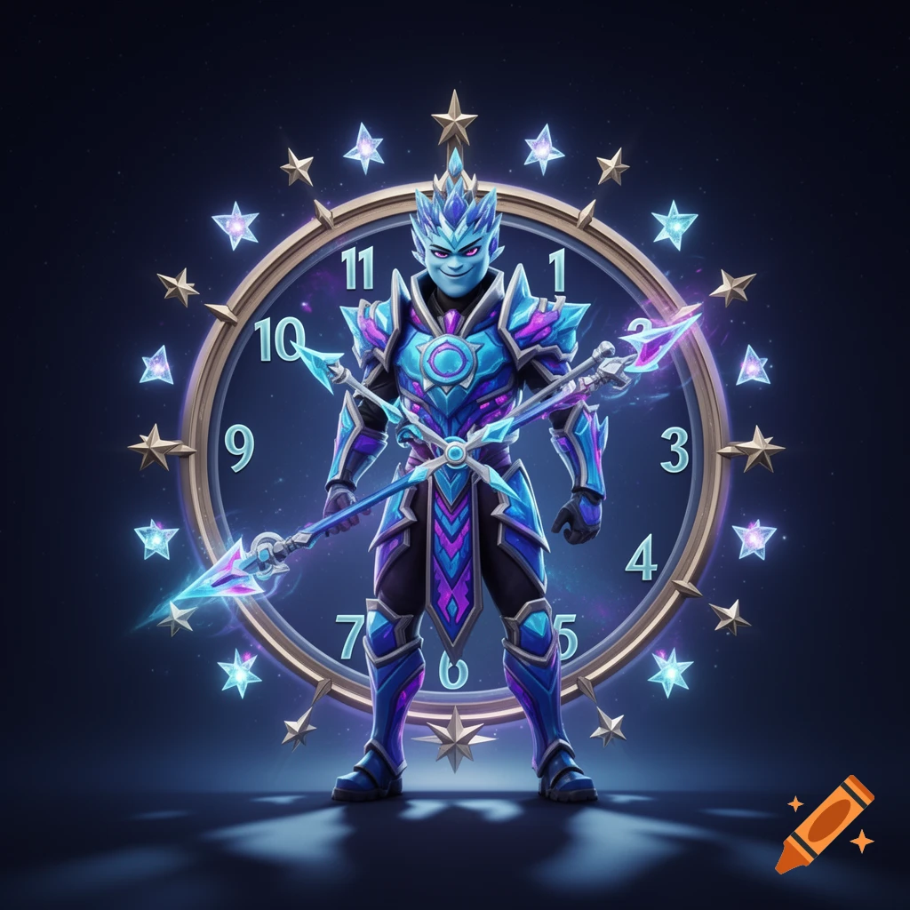 A stylized fantasy character in glowing blue and purple armor holds a spear, standing before a large clock face with stars.