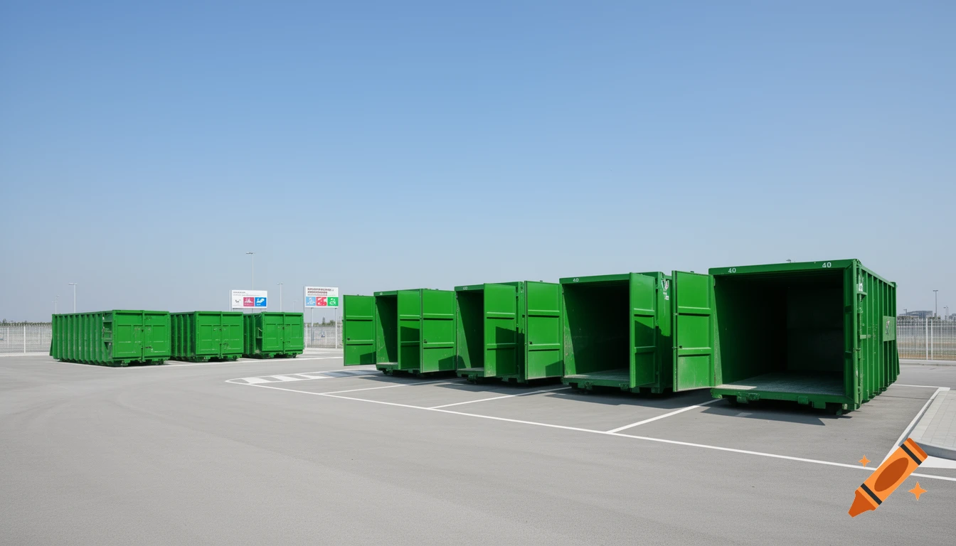Photorealistic image of several green recycling containers in a modern, spacious outdoor facility under a clear blue sky.