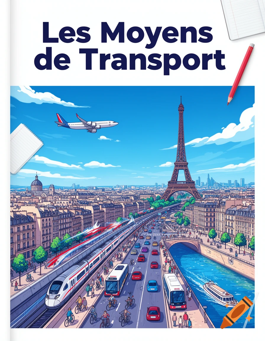 Illustrated cover titled 'Les Moyens de Transport' showing a vibrant Paris cityscape with the Eiffel Tower, an airplane, trains, buses, cars, bikes, and a boat.
