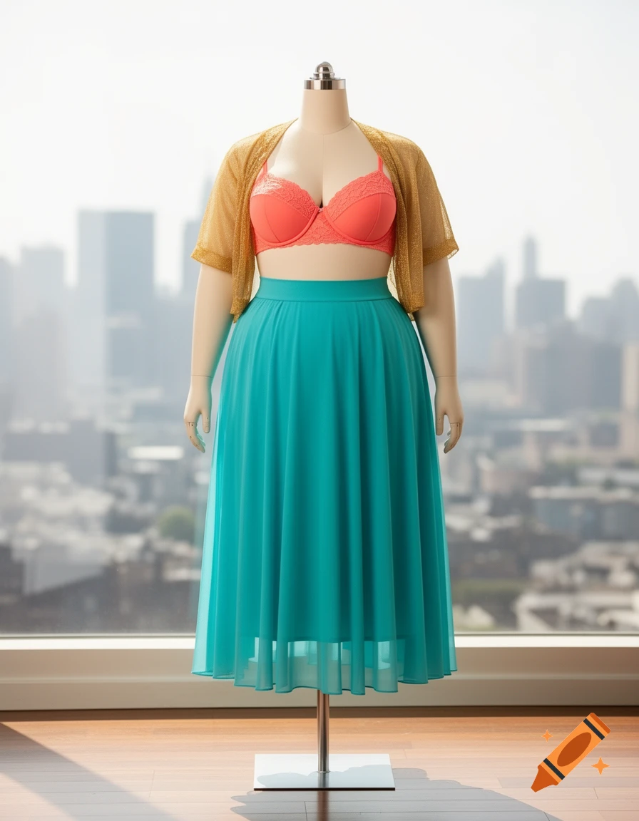 Full-figured mannequin in a coral bra, gold mesh cardigan, and sheer teal maxi skirt against a city skyline.
