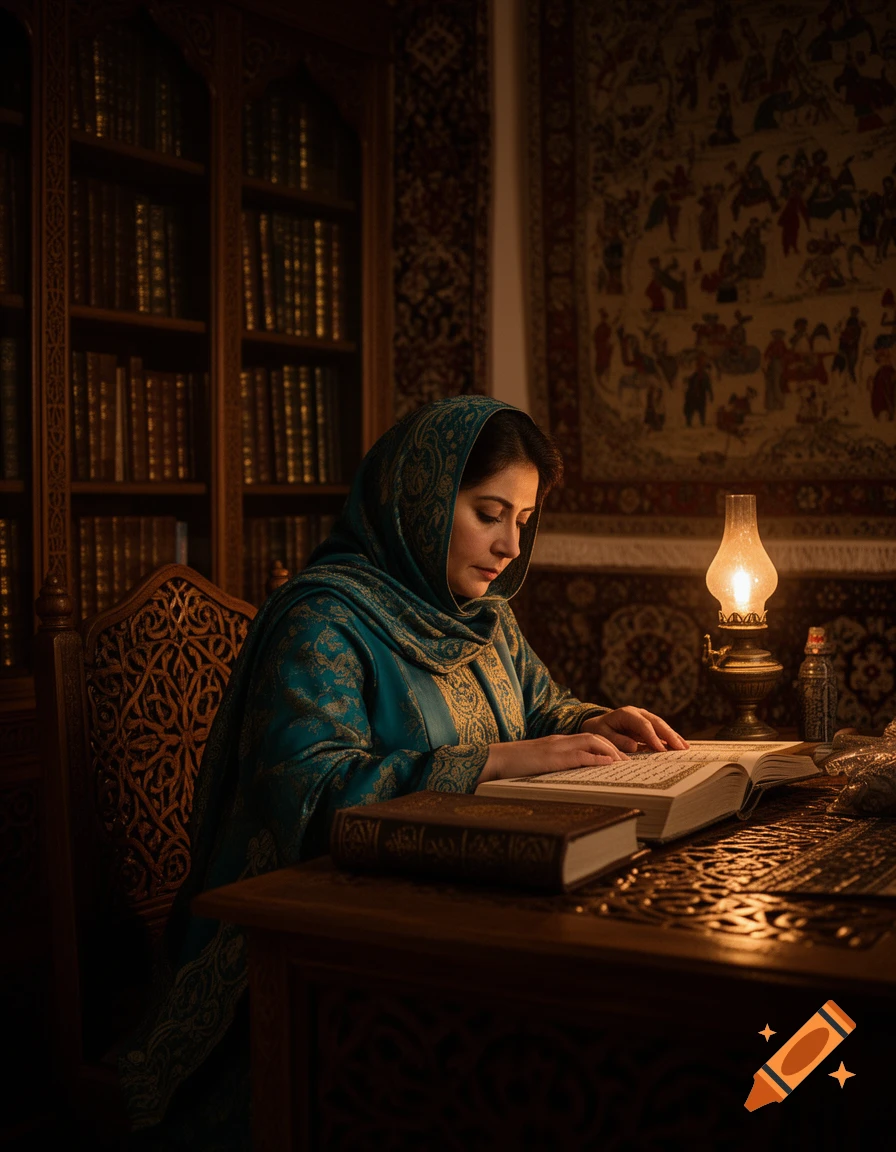 A woman in a teal headscarf and dress reads an open book by the warm glow of an oil lamp in a dimly lit, ornately decorated room with bookshelves and a tapestry.