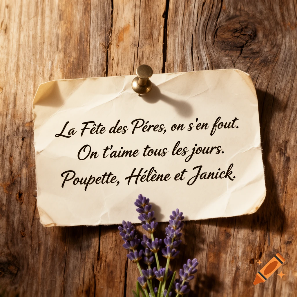 A crumpled note with a French message is pinned to a rustic wooden surface, with purple lavender flowers at the bottom.