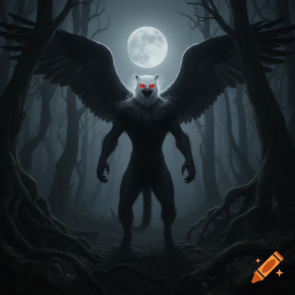 A dark, winged humanoid creature with glowing red eyes stands in a spooky, moonlit forest.
