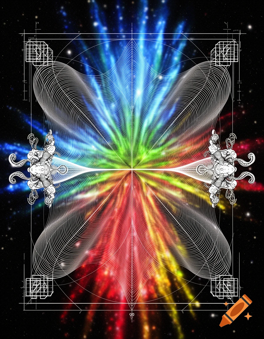 A kaleidoscopic abstract design with white geometric patterns, Escher-like elements, and technical drawings, on a colorful cosmic background.
