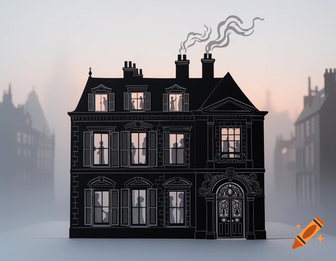 A black paper-cut silhouette of a Victorian London house with glowing windows showing shadowy figures and smoke rising from chimneys.