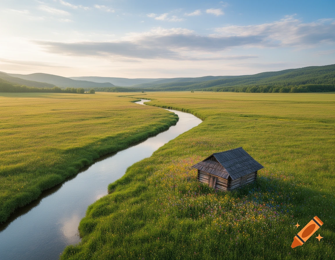 An aerial view of a winding river flowing through a lush green meadow, with a small rustic wooden cabin nestled among wildflowers, under a bright sky.