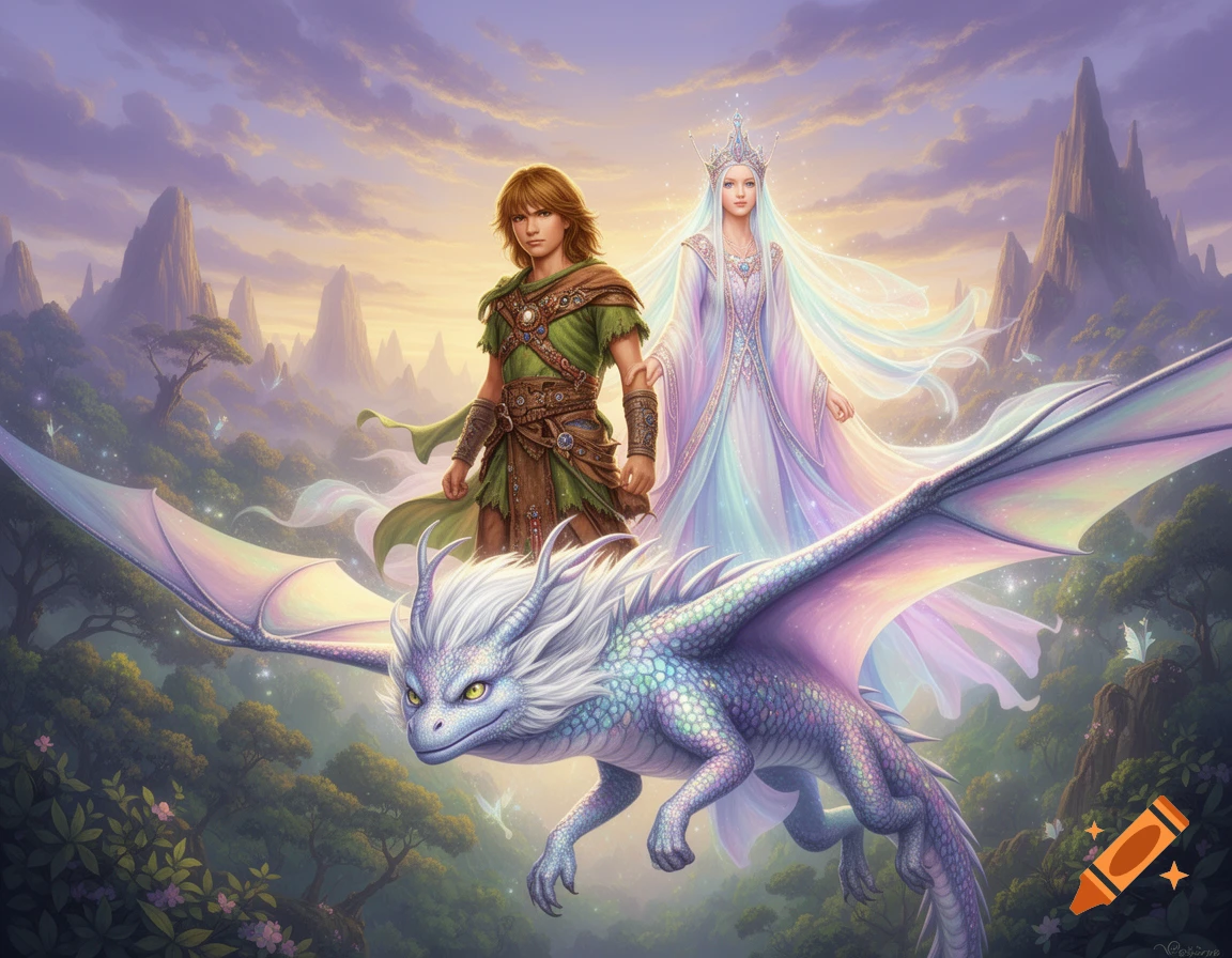 A boy and a princess stand on a white dragon flying over a vibrant fantasy landscape with mountains and forests.