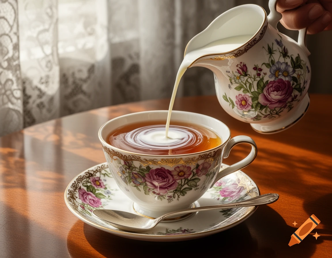 A hand pours milk from a floral creamer into a teacup with tea, creating a swirl on a wooden table with lace curtains. Photorealistic.