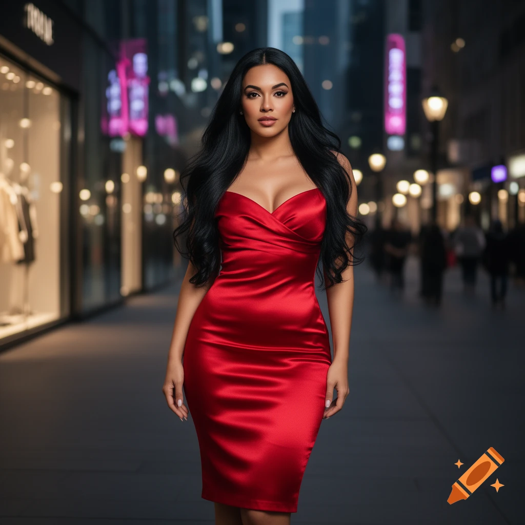 A woman with long dark hair in a red satin dress poses on a city street at night, with blurred lights and storefronts. Photorealistic.