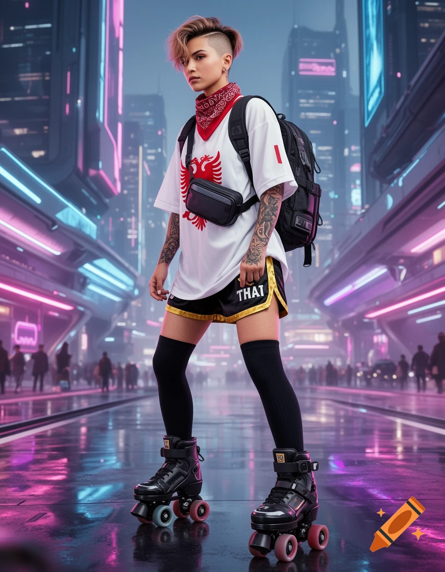 A young roller girl in a cyberpunk city wears an oversized white jersey with a red eagle, black and gold shorts, and black roller skates.
