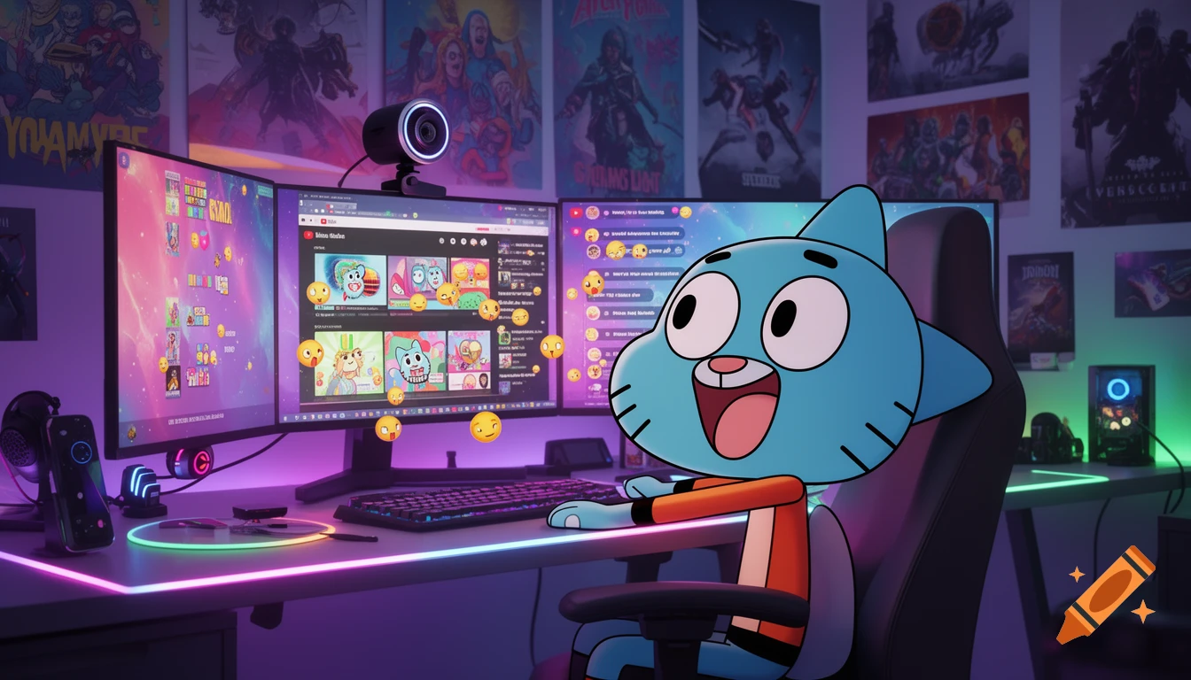 Gumball Watterson sits excitedly at a glowing gaming desk with three monitors, streaming on YouTube with emojis floating around.