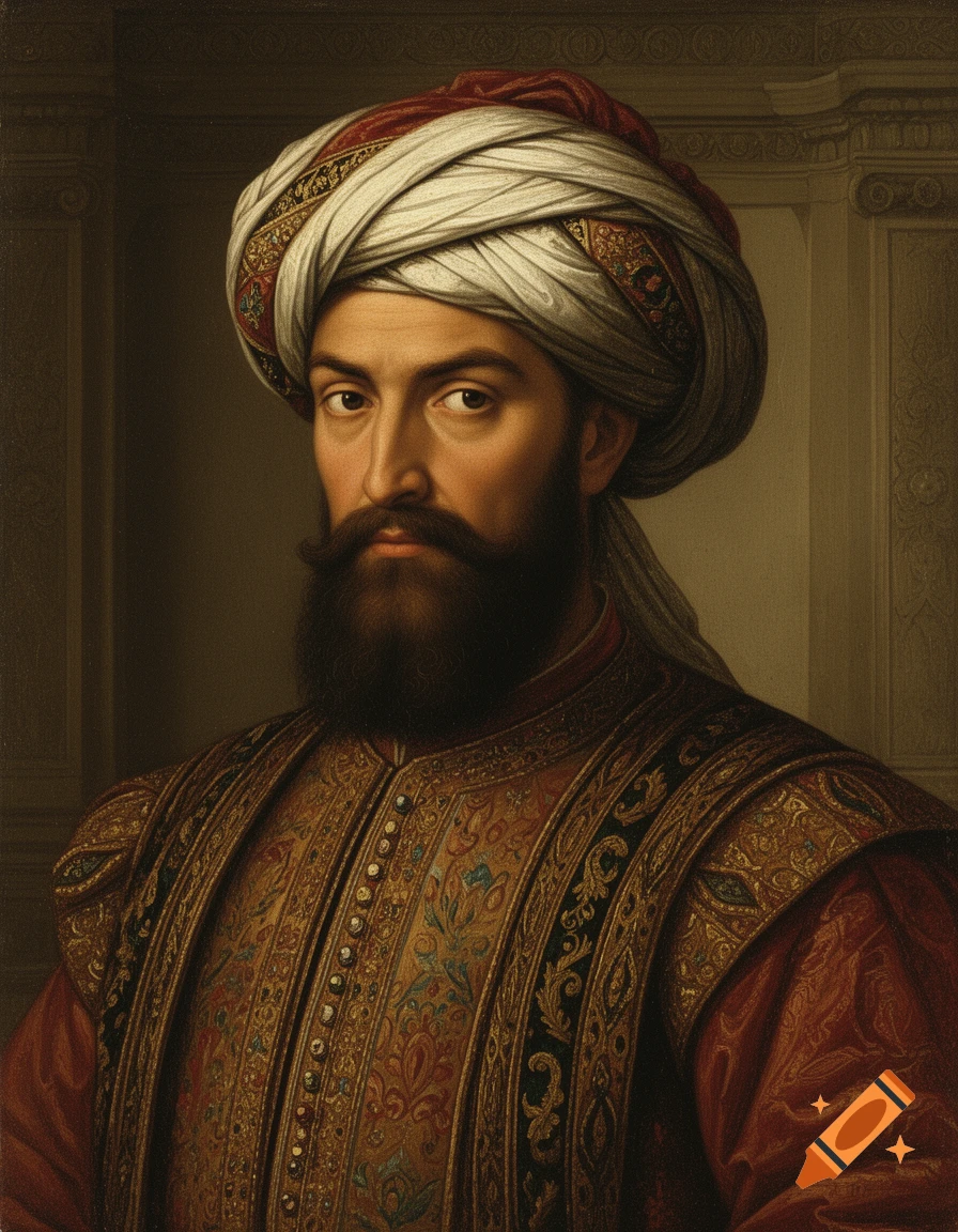 A classical portrait painting of a bearded man in a white and red turban and ornate gold and red historical attire.