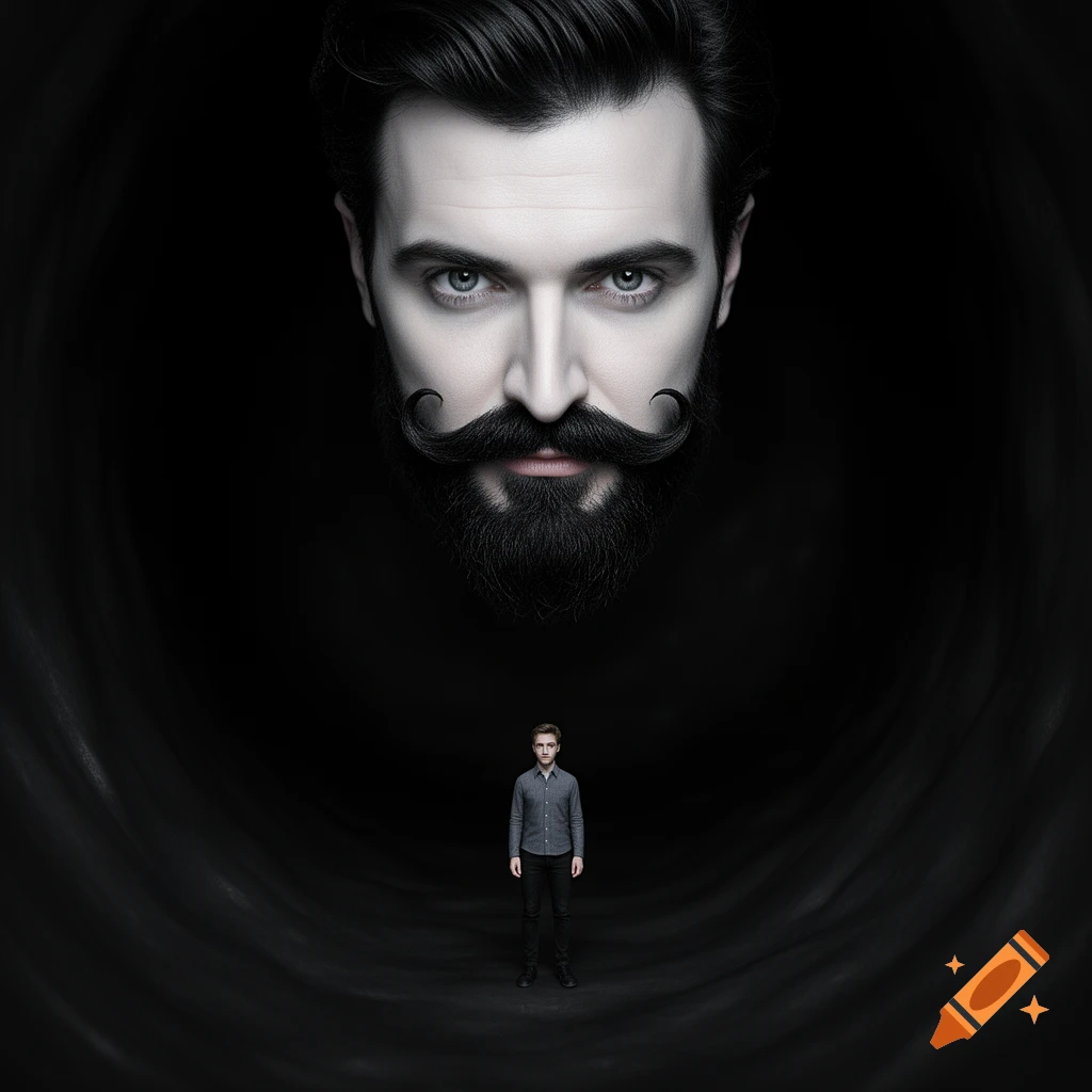 A photorealistic image of a giant man's face with a prominent mustache and beard, looming over a tiny man standing in a dark, smooth, tunnel-like space.