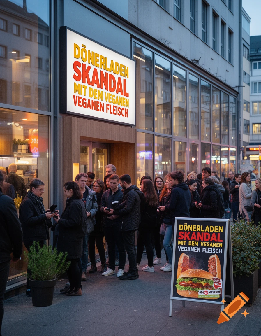 A crowd of people gathered outside a Döner shop with an illuminated sign and an A-frame sign on the sidewalk.
