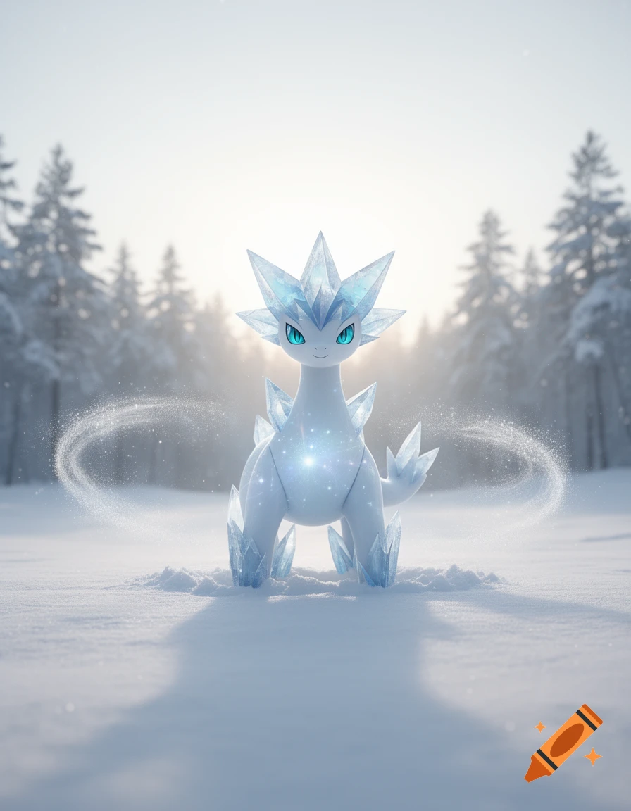 A cute, crystal-spiked white ice creature with blue eyes stands in a snowy forest, surrounded by sparkling magic.