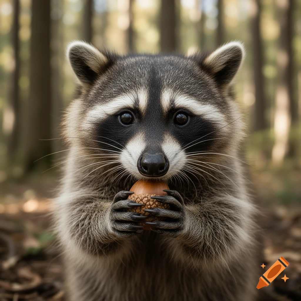 A close-up, photorealistic portrait of a fluffy raccoon with black mask eyes, holding a small brown acorn in its paws.