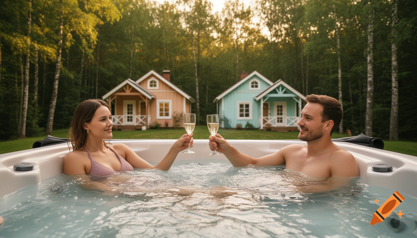 A couple toasts with champagne in an outdoor hot tub, with two colorful cabins and a forest in the background.