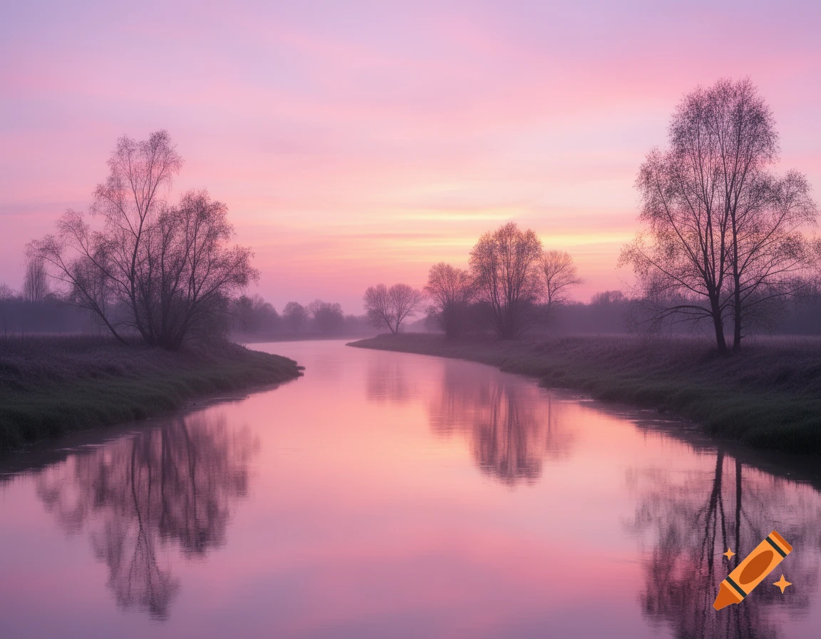 A tranquil river flows through a misty landscape at pastel pink and purple sunset, with silhouetted trees reflected in the water.