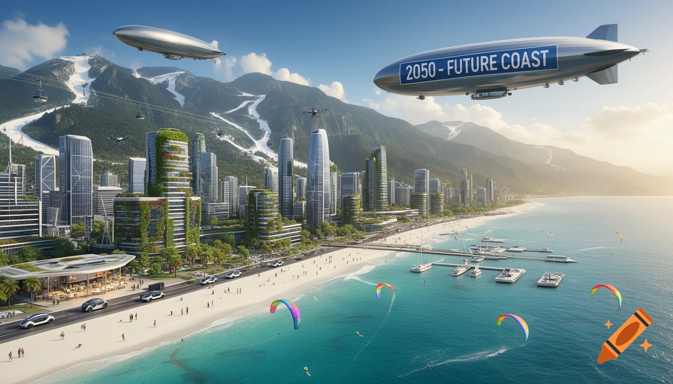 A photorealistic utopian coastal city in 2050 with green buildings, a beach, mountains, and zeppelins.