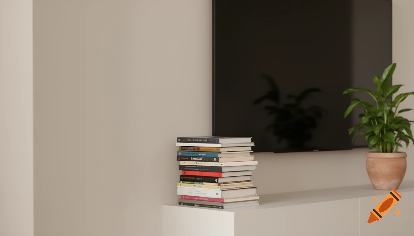 A stack of books on a white surface next to a potted plant, with a black television screen in the background.