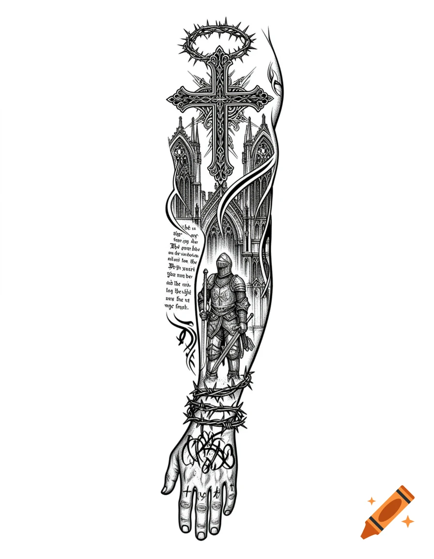 Blackwork tattoo sleeve design with a gothic cross, crown of thorns, crusader knight, cathedral, barbed wire, and tribal lines.