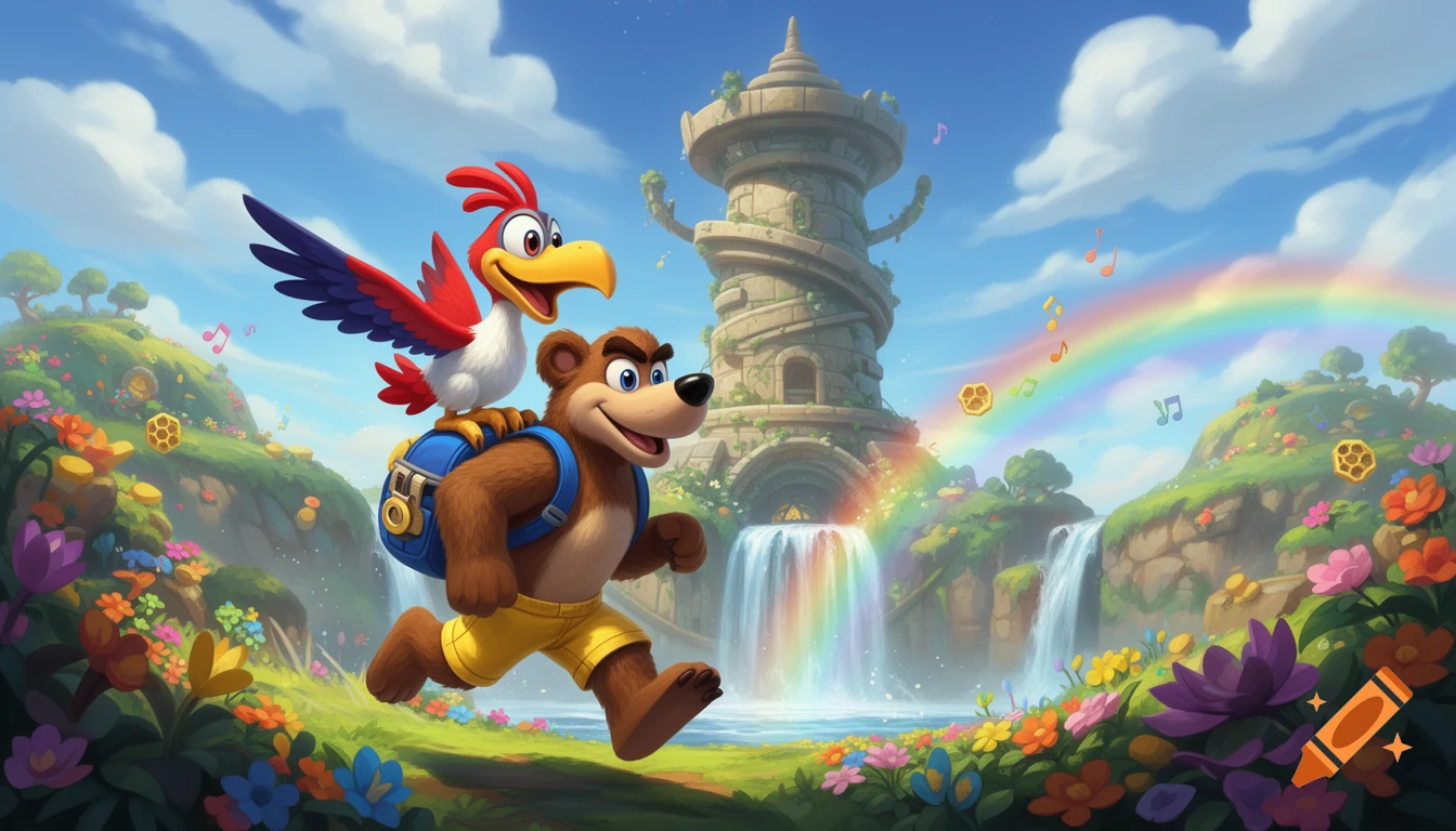 Cartoon bear Banjo with bird Kazooie on his backpack runs through a vibrant, flowery fantasy landscape with a waterfall, tower, and rainbow.