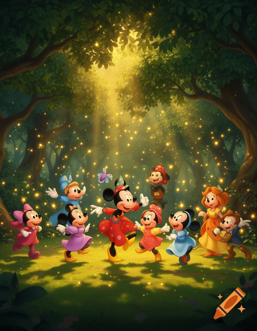 Cartoon characters, including Mickey and Minnie Mouse lookalikes, dance in an enchanted forest illuminated by fireflies and sunbeams.