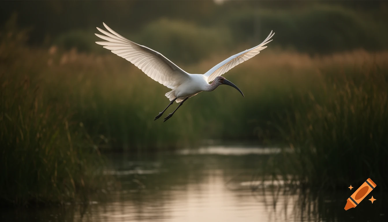 A white ibis bird with expanded wings flies over a reflective body of water in a green and brown marsh, backlit by soft light.