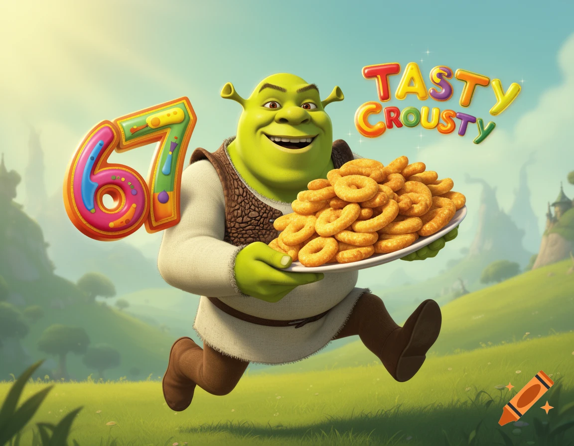 Shrek runs through a sunny green landscape, holding a large plate of onion rings, with '67' and 'TASTY CROUSTY' prominently displayed.