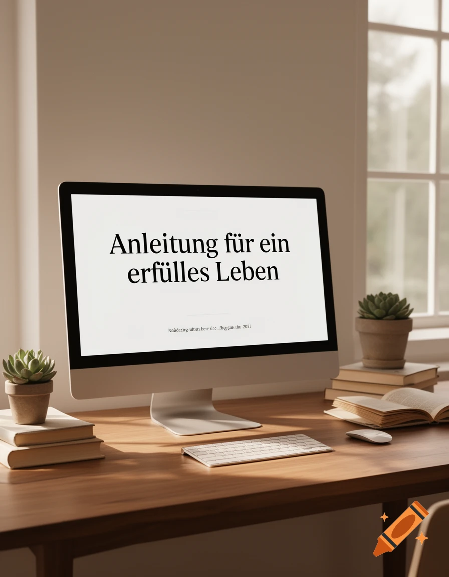 Photorealistic image of a minimalist desk setup with a computer displaying 'Anleitung für ein erfülltes Leben', books, and potted plants.