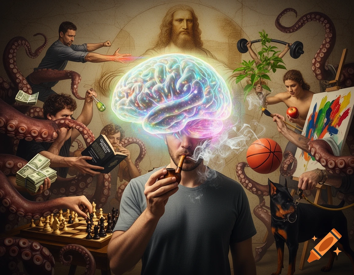 A man with a glowing, vibrant brain smokes a pipe, surrounded by octopus tentacles engaged in diverse activities like chess, painting, lifting weights, and reading, all beneath a mural of Leonardo da Vinci.