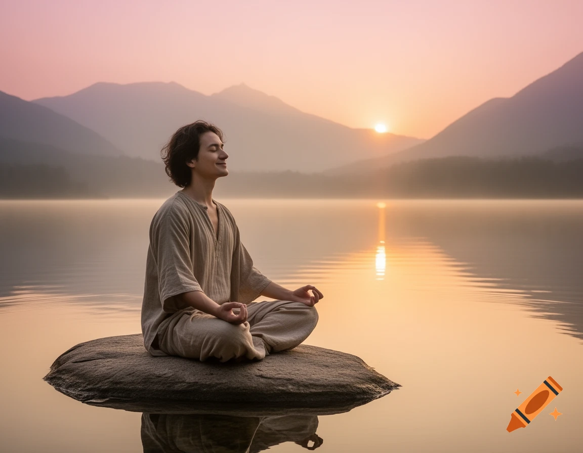 A person meditating on a rock in a calm lake at sunset, with mountains in the background, photorealistic style.