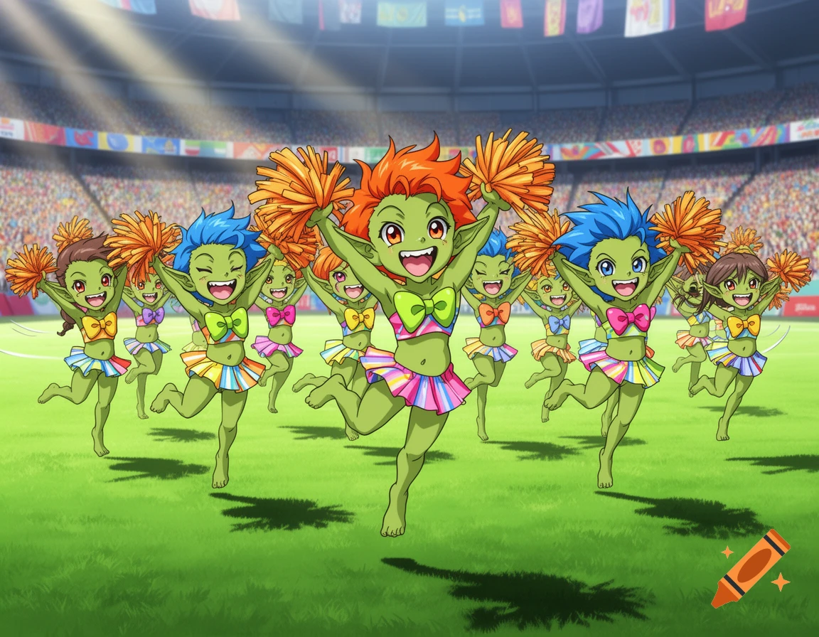 Anime-style green-skinned goblin cheerleaders in colorful outfits jump on a sports field in a stadium.