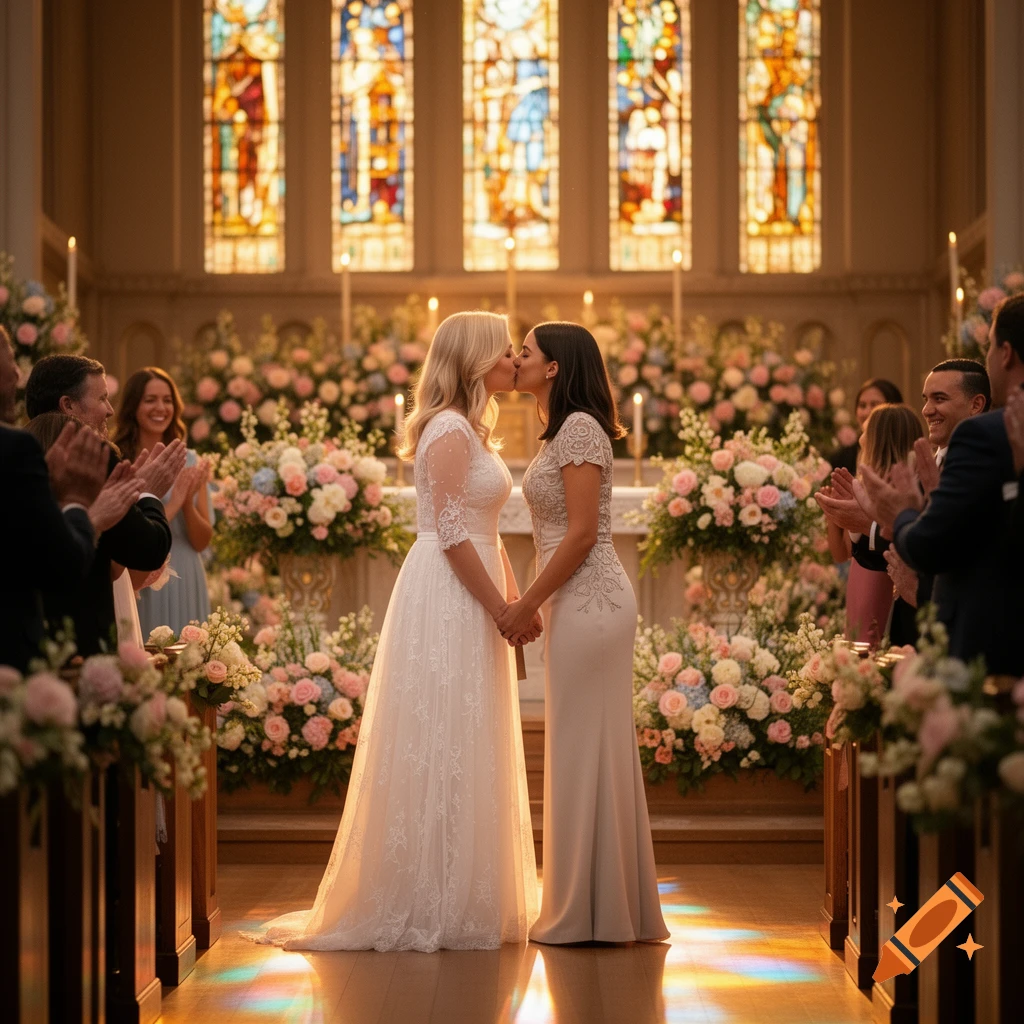 Two women in wedding gowns kiss at an altar, holding hands, surrounded by flowers and applauding guests in a chapel. Photorealistic.