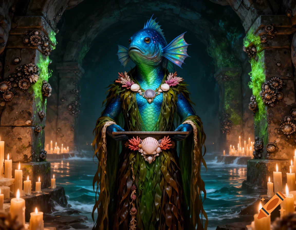 A mystical blue and green fish-man priest stands in ancient, candle-lit underwater ruins, holding a tray adorned with shells and coral.
