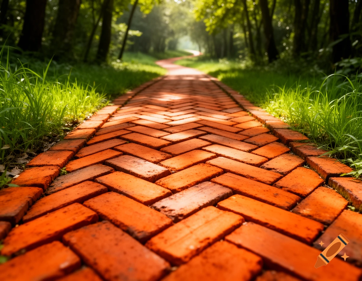A photorealistic orange brick pathway winds through a lush green forest, dappled with sunlight.