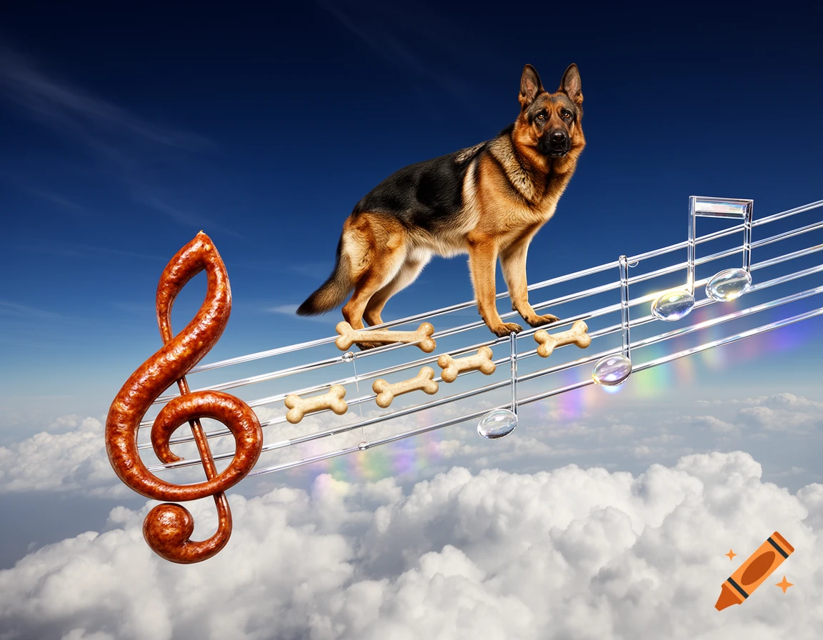 A photorealistic German Shepherd stands on a transparent musical staff with bone and glass notes, and a sausage clef, in a cloudy sky.