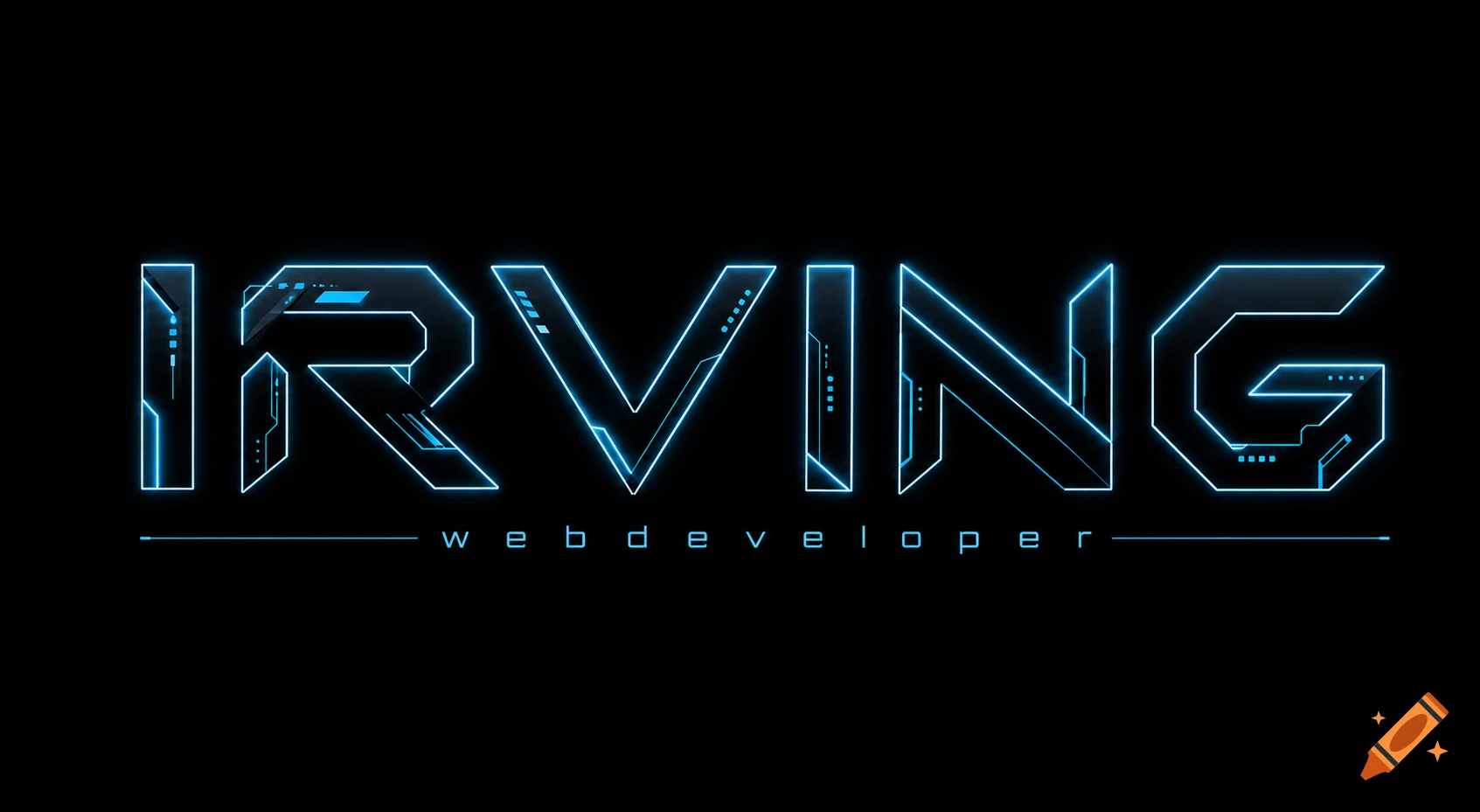 A futuristic typography logo for 'IRVING webdeveloper' featuring blue neon lines and internal circuitry details on a black background.